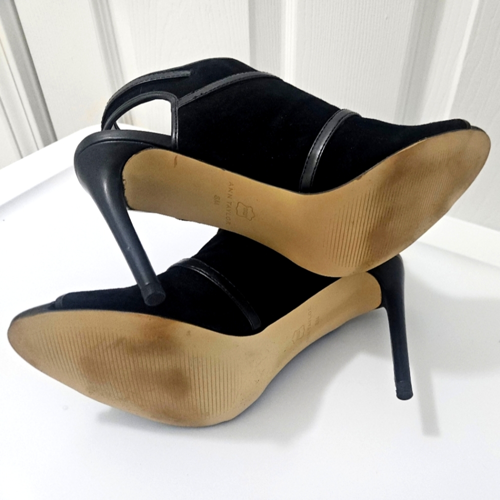 Ann Taylor Black Ankle Booties with Open Toe and Gold Accents - Picture 5 of 6